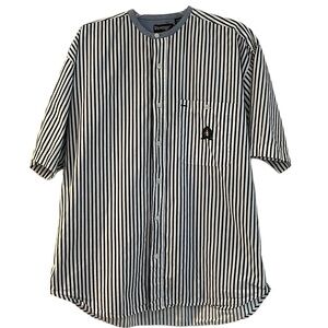 VTG REVENGE SHIRTMAKERS COLLARLESS STRIPED BUTTON DOWN SHIRT BLK WHT BLU SIZE M